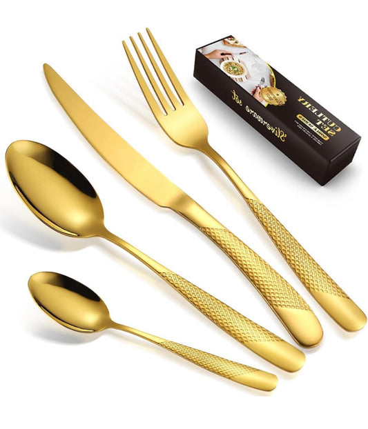 24pcs Hammered Gold Cutlery Set