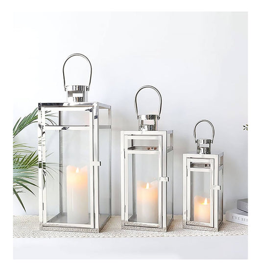 Set of 3 Stainless Steel Silver Candle Lanterns