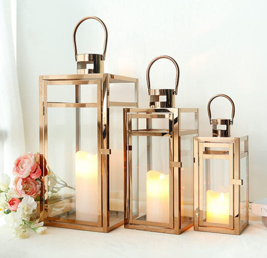 Set of 3 Stainless Steel Outdoor Lanterns Rose Gold