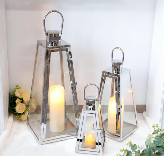 Set of 3 Stainless Steel Tapered Lanterns